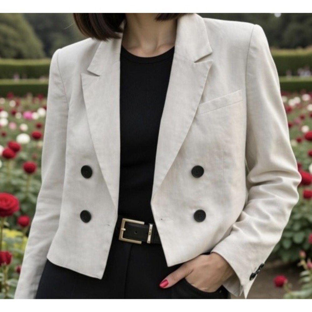 MAEVE‎ Anthropologie Women's Ivory Linen Double Breasted Lined Cropped Trench Lg